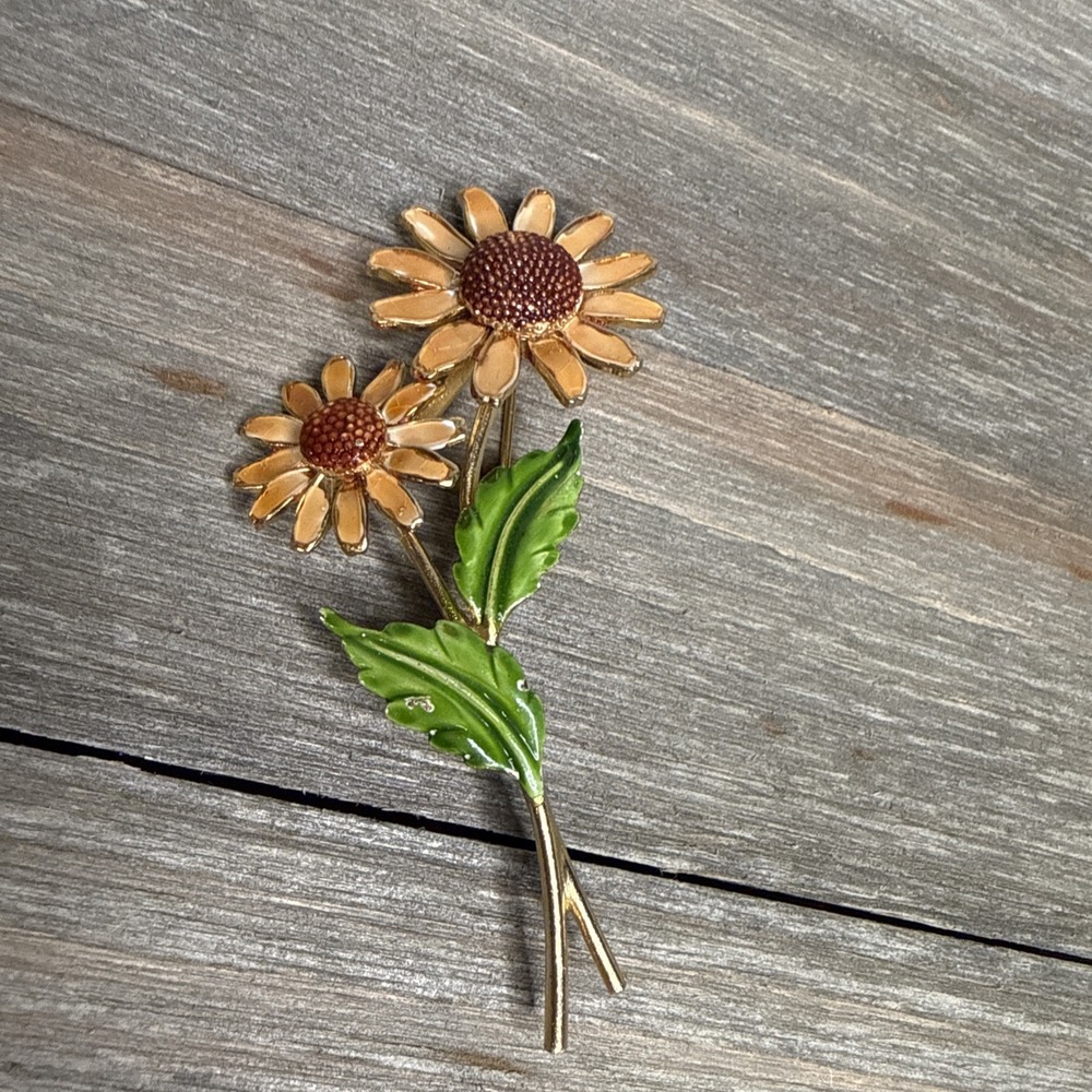VTG Lisner Enamel Sunflower Brooch Gold Tone Daisy Floral Pin Autumn Harvest